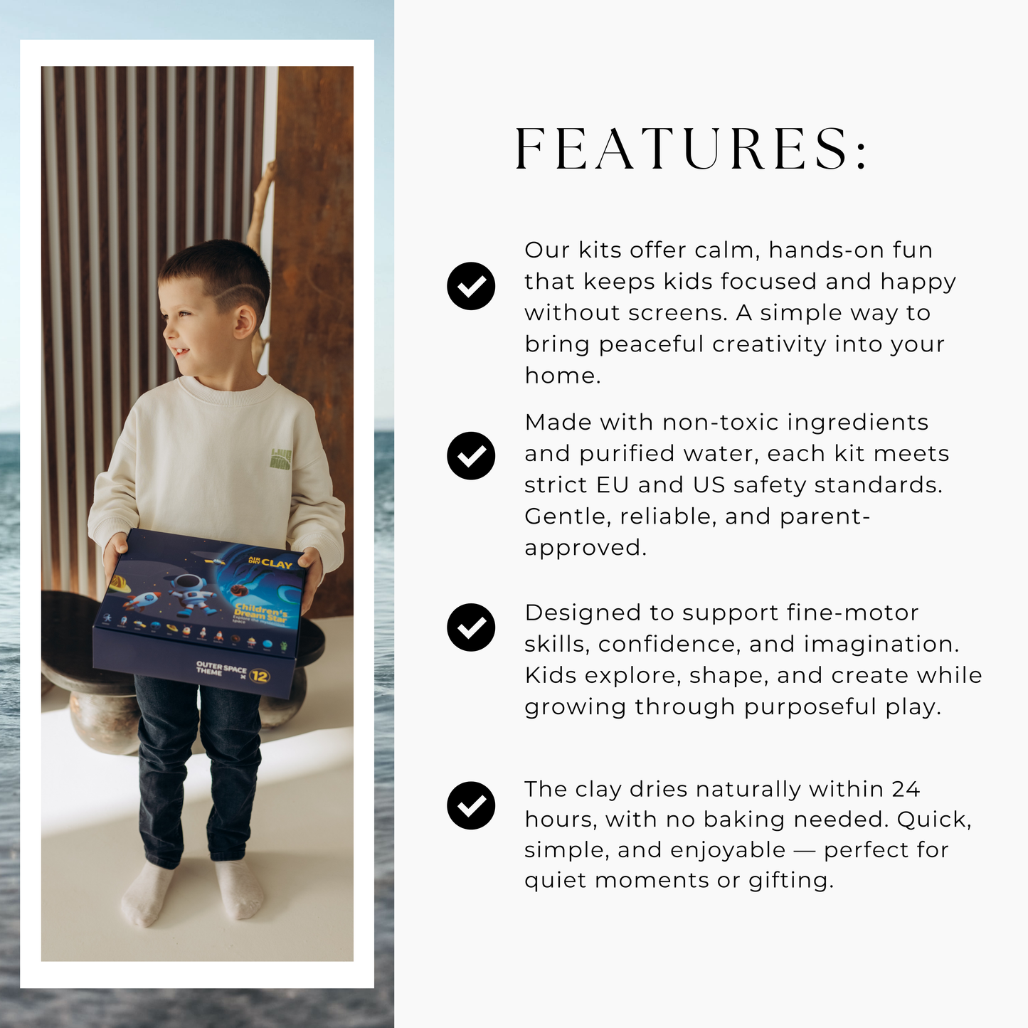 Child enjoying Montessori air dry clay activity at home using creative tools and figurines. Screen-free sensory play that supports imagination, focus and fine motor development through hands-on clay crafting.