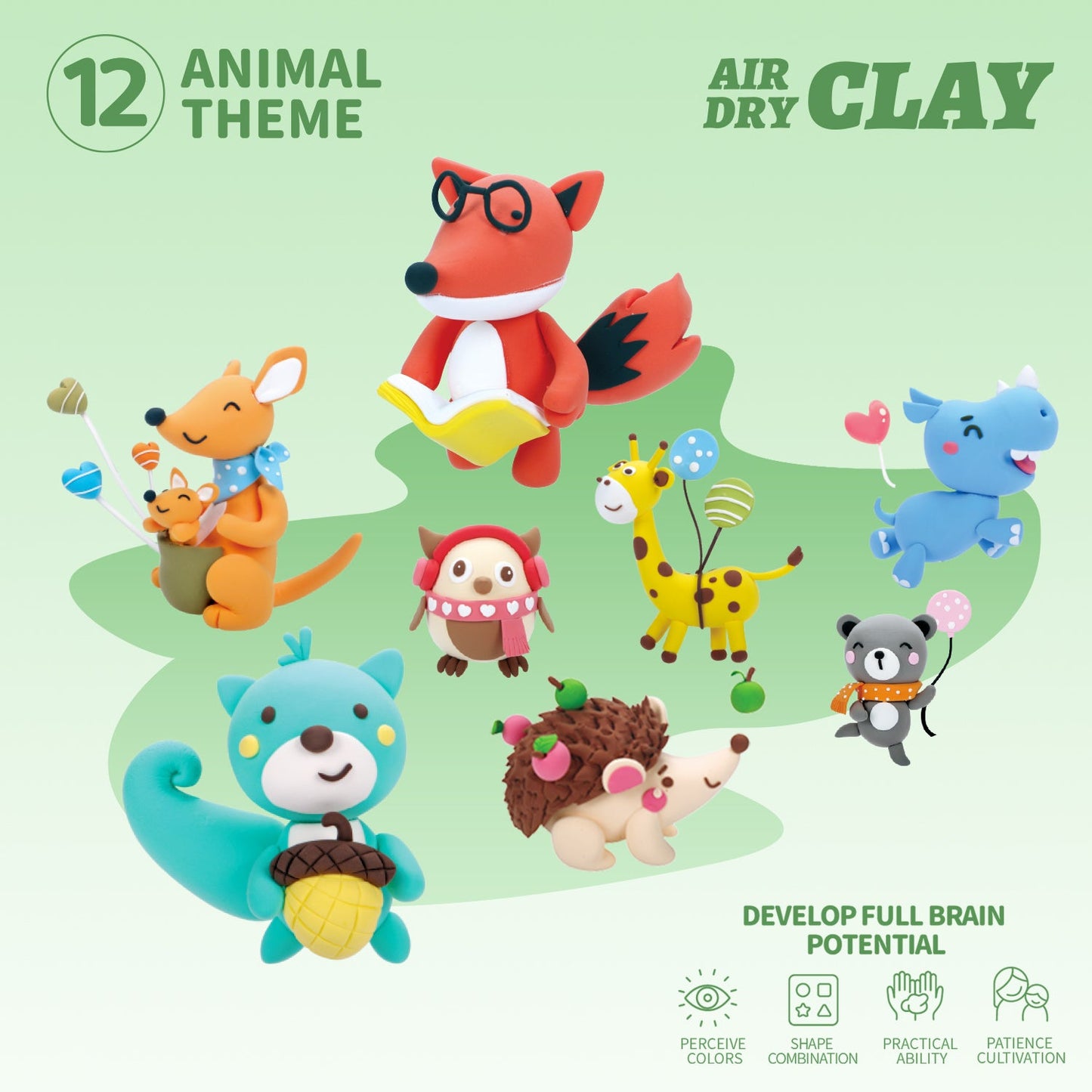 Animal Paradise Clay Kit poster featuring 12 collectible clay animals including fox, bear, panda, rabbit, and dolphin. Montessori-inspired craft set that encourages creativity, focus, and imaginative learning. Ideal gift idea for birthdays, holidays, and family bonding time without screens.