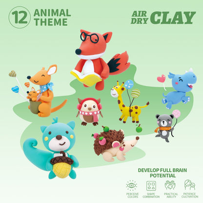Animal Paradise Clay Kit poster featuring 12 collectible clay animals including fox, bear, panda, rabbit, and dolphin. Montessori-inspired craft set that encourages creativity, focus, and imaginative learning. Ideal gift idea for birthdays, holidays, and family bonding time without screens.