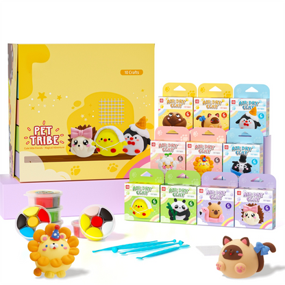 Clay craft kit for kids with colorful air dry clay, cute animal figures, sculpting tools and packaging box, complete DIY creative set for screen free play, hands on crafting activity that develops fine motor skills, imagination and sensory learning, non toxic clay craft kit ideal for gifts, home play and classrooms