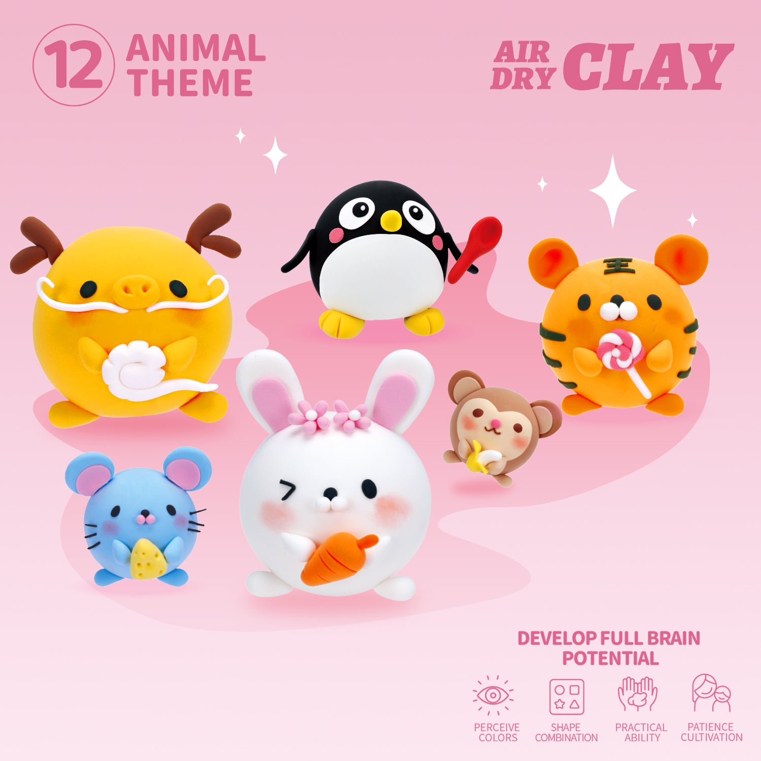 Completed animal sculptures from the Pet Park clay kit including rabbit, penguin, dog, sheep, panda, and dragon. Perfect result examples for parents and educators looking for guided kids clay activities. Non-toxic, no baking required.