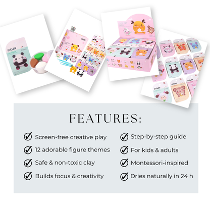 Features of Montessori air dry clay subscription box including non-toxic clay, sculpting tools, instruction cards and creative themes. Designed for fine motor skill development, calm play and creative learning for kids and adults.