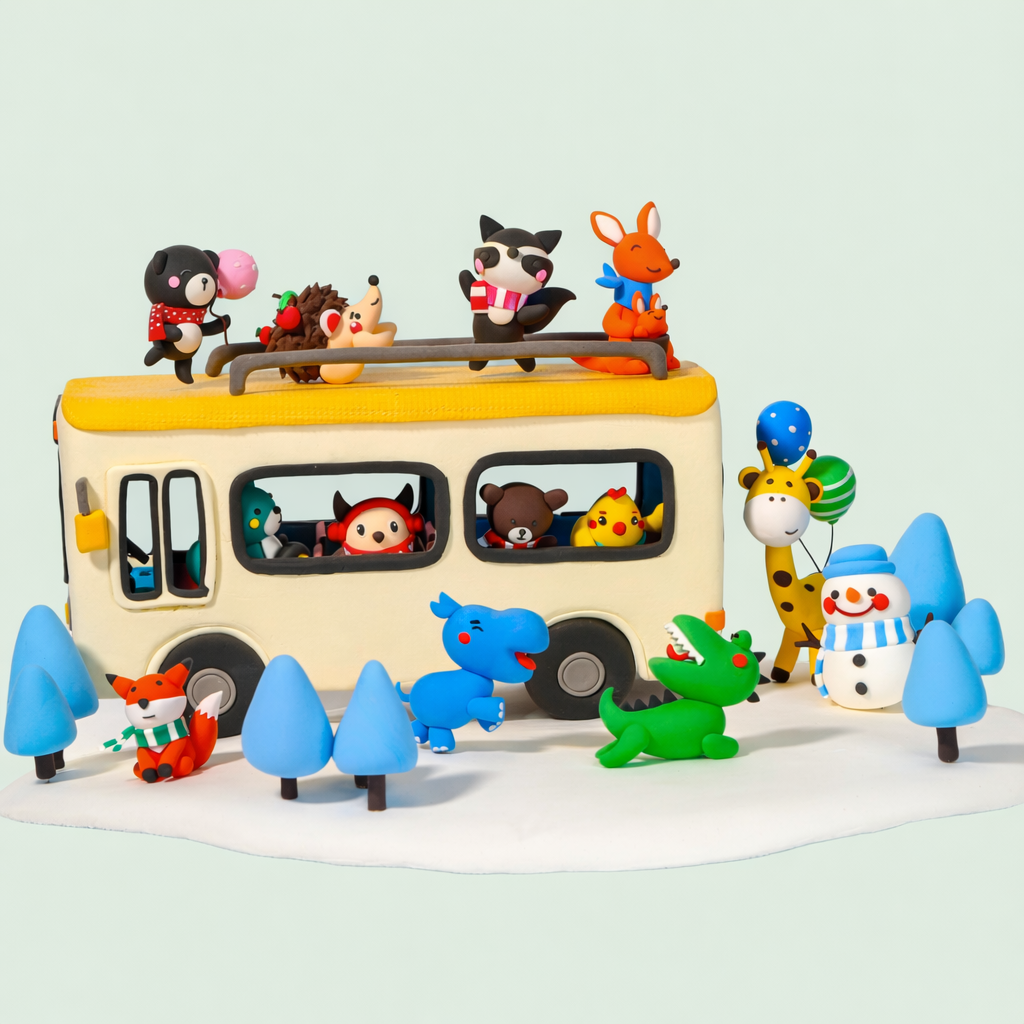 Air-dry clay animal figures displayed on a toy bus in a park setting, with colorful handmade characters arranged on top and inside. Surrounded by natural outdoor elements, this creative kids’ craft scene highlights DIY play, Montessori-style learning, and screen-free activities for children.