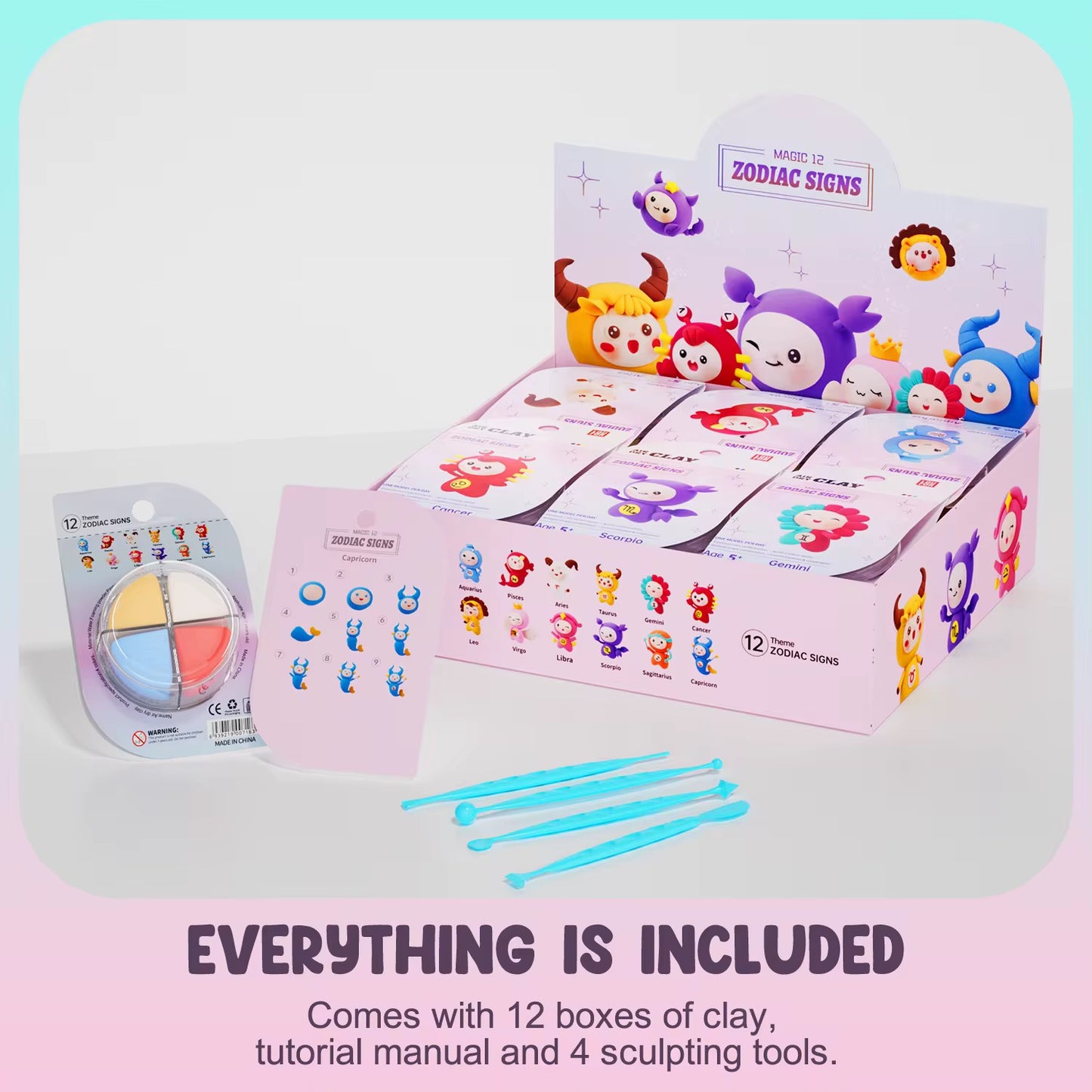 Air Dry Clay Bastelbox – alles inklusive: 12 Tierkreiszeichen-Figuren, Schritt-für-Schritt-Anleitung und sichere Bastelwerkzeuge. Hergestellt aus ungiftigem, umweltfreundlichem Ton. Ideal als Geschenk für kreative Kinder und Erwachsene. Fördert Konzentration, Kreativität und gemeinsames Basteln in der Familie. LOUFOR clay kit close-up, air dry clay texture and tools, original LOUFOR product available at OLIHUG EU store