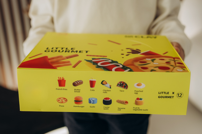 Air Dry Clay Kit for Kids – Little Gourmet edition. A bright yellow creative play set featuring colorful non-toxic clay, sculpting tools, and a premium gift box. Encourages screen-free fun, sensory play, and bonding time for families. Montessori-inspired activity designed for creativity, focus, and joy at home.