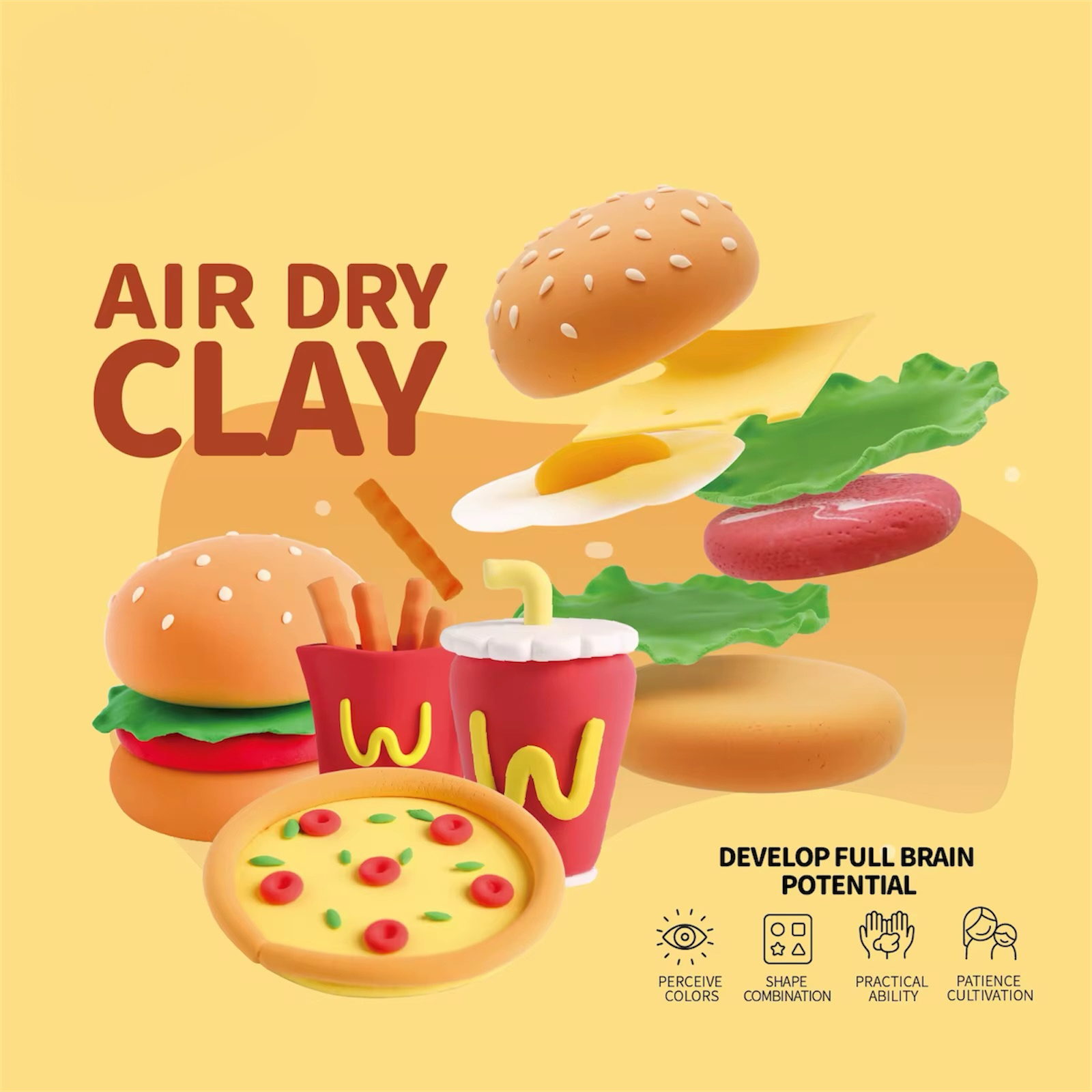 Little Gourmet Air Dry Clay Kit featuring colorful food-themed creations like burgers, tacos, and pizza. This Montessori-inspired DIY craft set helps kids and adults express creativity through hands-on, screen-free play. Includes 12 tubs of soft air dry clay and sculpting tools — the perfect educational and mindful gift for birthdays, holidays, or family bonding moments full of imagination and joy.