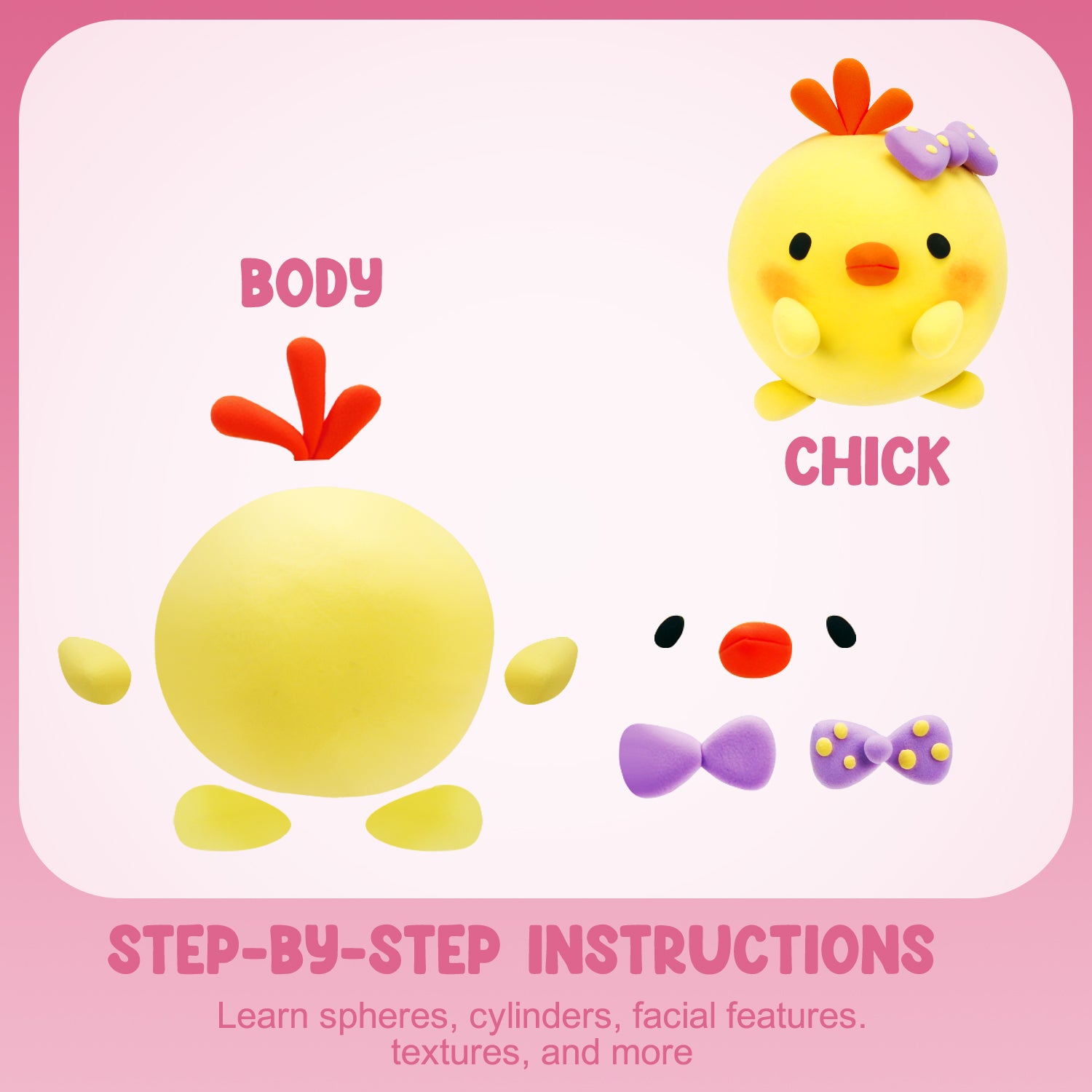 Visual chick model tutorial from the OLIHUG clay kit. Shows clear child-friendly sculpting steps using soft air dry clay. Great for building confidence and creative independence in kids.