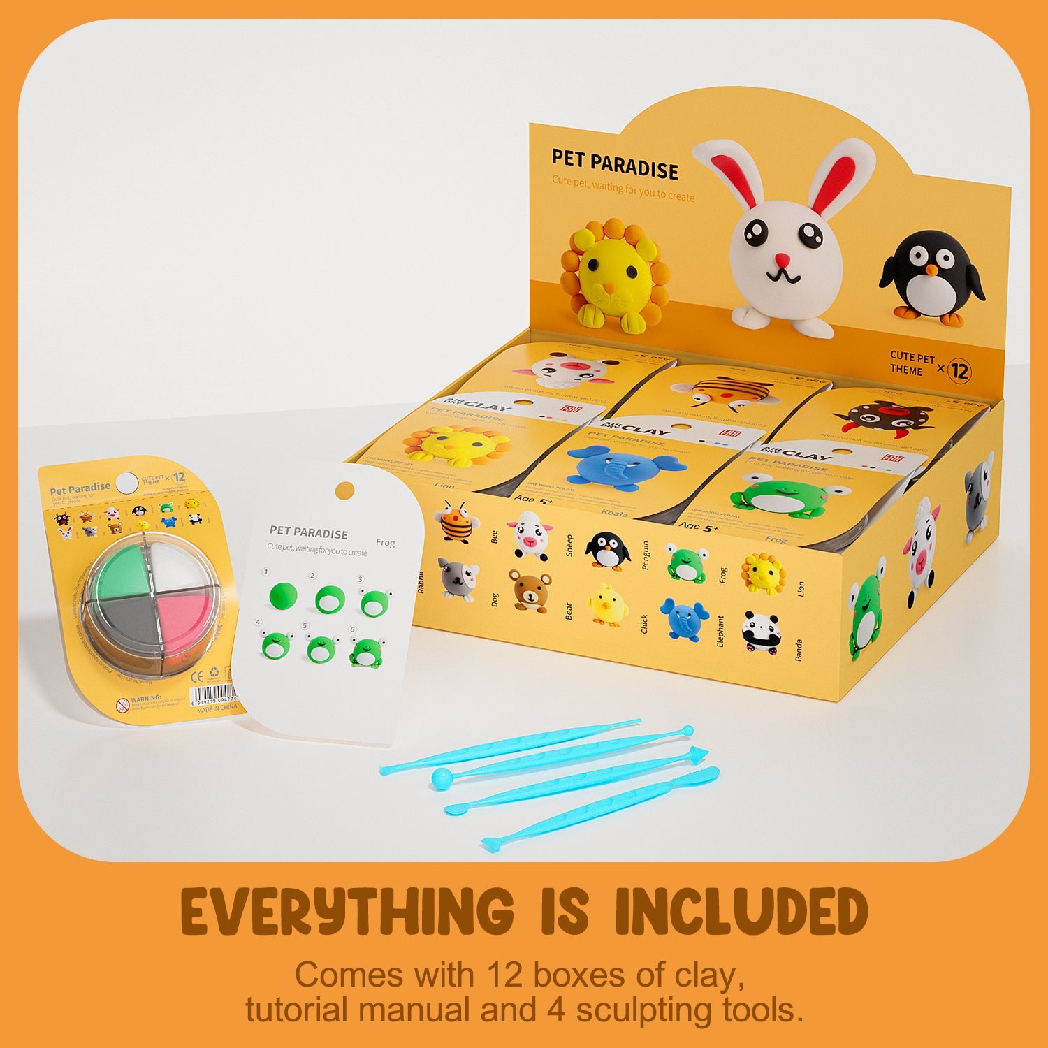 Flat-lay of the full OLIHUG Pet Paradise box kit with colorful clay, tools, and instructions — everything included to complete 12 screen-free projects at home or school.