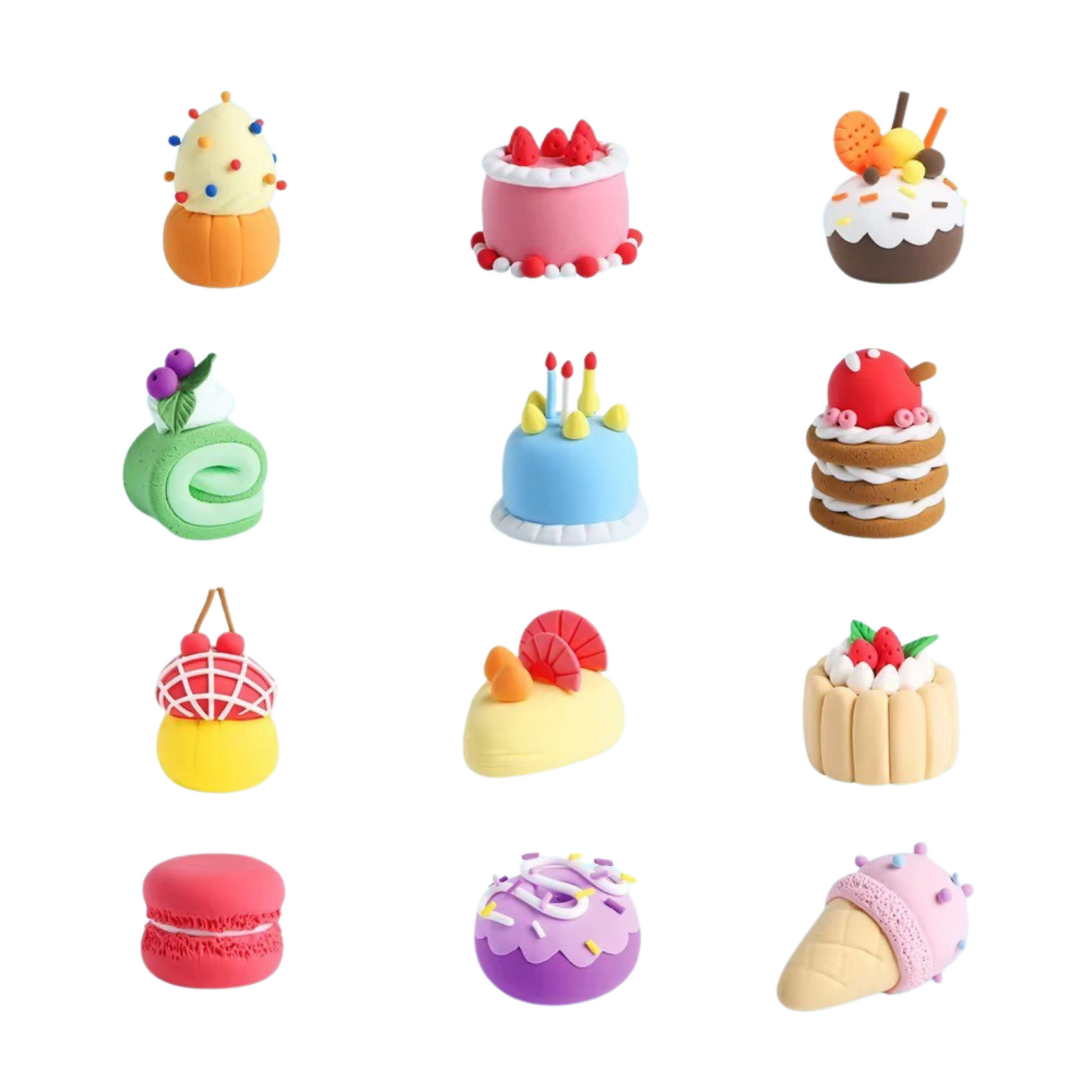 Backside of the clay kit showing 12 mini dessert creations kids can build: from rainbow cake to waffles. Encourages imagination, confidence, and tactile sensory learning. Top trending creative kit gift in EU.