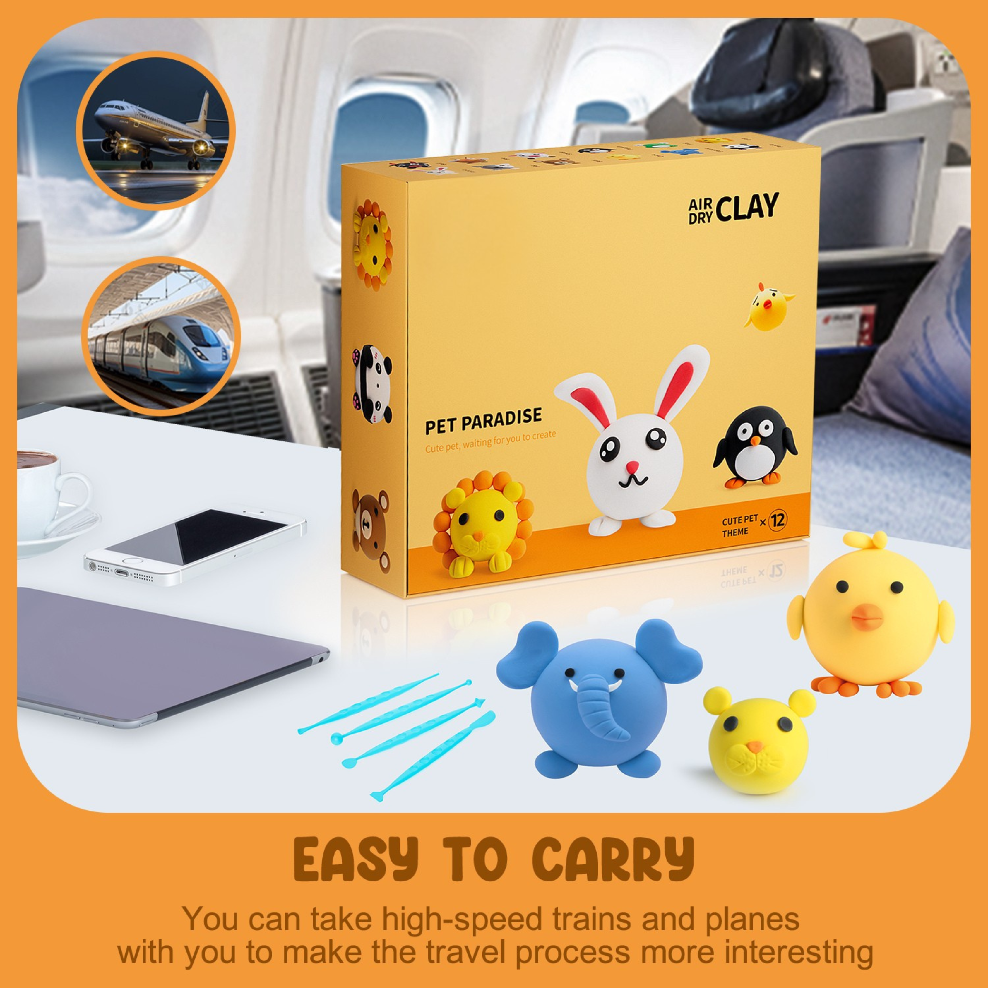 Pet Paradise clay kit shown with completed animal models like panda, rabbit, frog, and elephant — high-quality non-toxic materials, safe for children and fun for adults too.