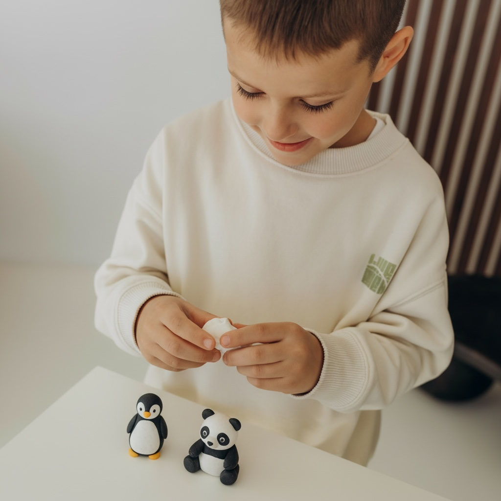 Child making a small air dry clay figurine with two figurines, a penguin and a panda, on a table. LOUFOR air dry clay kits from Europe.