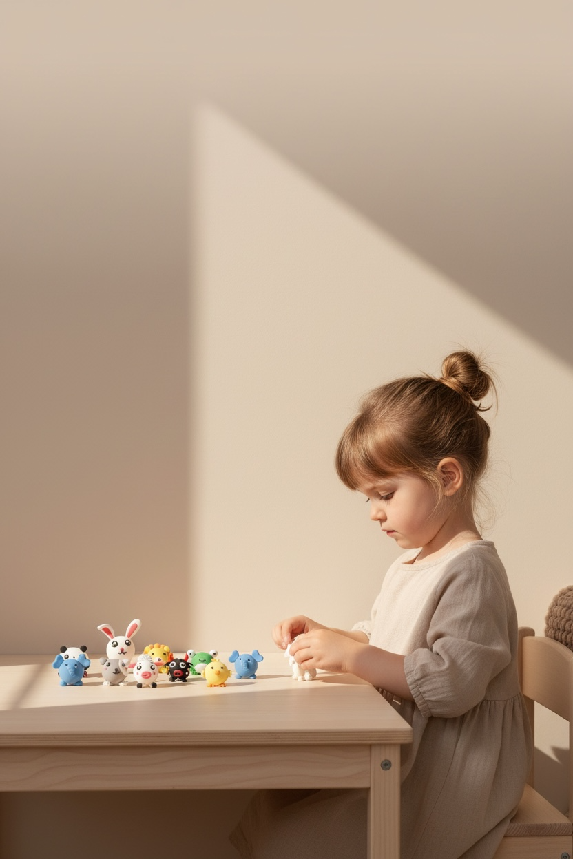Toddler girl playing with colorful air-dry clay figures at a wooden table, enjoying a calm screen-free activity that supports creativity and fine motor skills. Educational clay kit for kids inspired by Montessori play, perfect for quiet time, learning through hands-on sensory play, and family bonding. OLIHUG clay kits powered by Loufor offer safe, non-toxic clay sets designed for children, parents, and educators looking for creative screen-free activities at home.