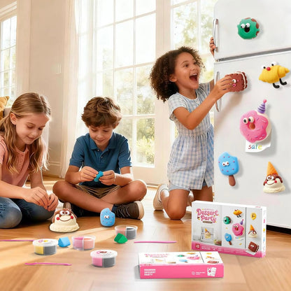 Children playing with air dry clay craft kit, creating cute DIY fridge magnets together. Hands-on creative activity that supports Montessori learning, imagination, and fine motor skills. Ideal screen-free play idea for kids, siblings, or family time, encouraging creativity and fun educational play at home or in classrooms.