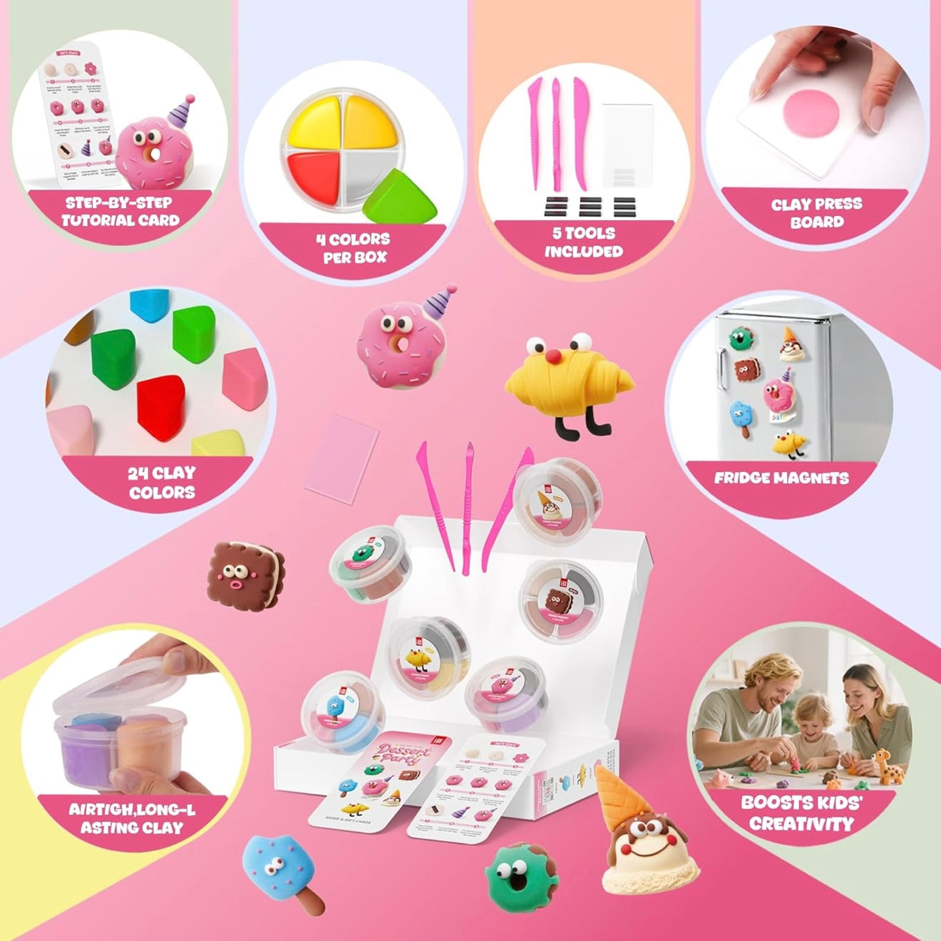 Step-by-step visual guide for making fridge magnets using air dry clay kit for kids. Easy DIY craft process showing shaping, decorating, and assembling magnets. Ideal creative activity for beginners, helping children develop fine motor skills, patience, and imagination through fun hands-on learning and artistic play.