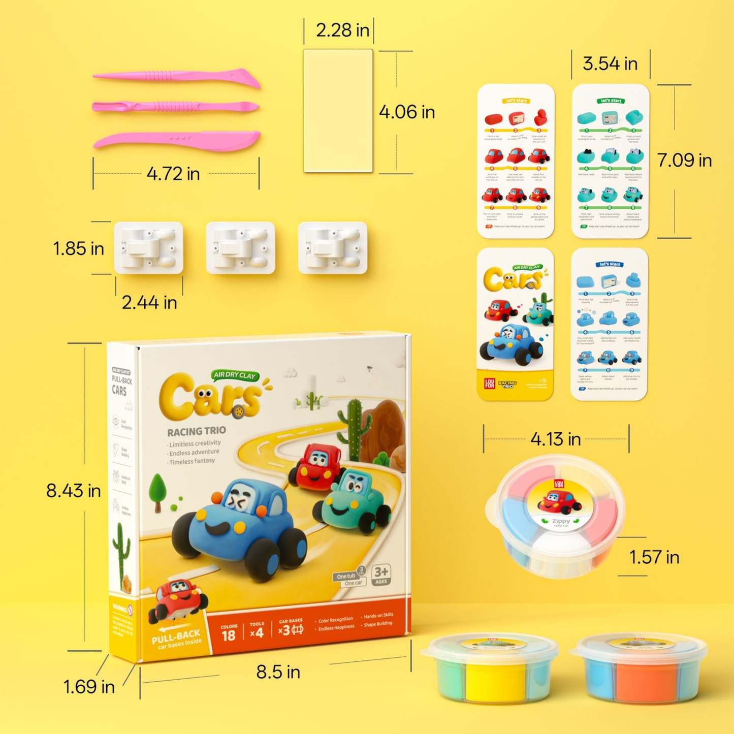 Complete contents of the air-dry clay car kit laid out with measurements, including clay tubs, tools, instruction cards, and packaging. Clear overview of what’s included in the creative toy set for kids