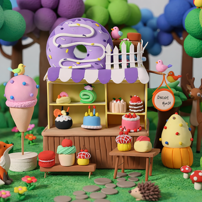 Colorful air-dry clay dessert stand in a park setting, featuring handmade donuts, cakes, ice cream and mini sweets displayed on a small market stall. Surrounded by trees, animals and playful nature details, this creative DIY clay scene highlights Montessori-style play, fine motor skill development, and screen-free activities for kids.