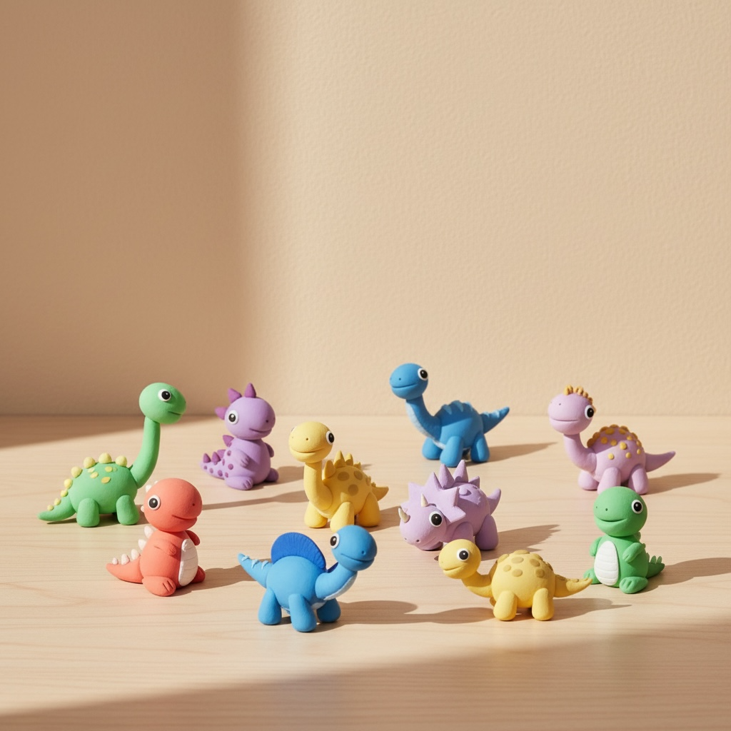 Colorful handmade dinosaur figures created from an OLIHUG air-dry clay kit, featuring cute prehistoric animals in soft pastel tones displayed on a natural wooden surface. This Montessori-inspired creative clay set supports fine motor skills, imagination, and screen-free play for kids and adults. Ideal for creative learning, mindful playtime, DIY hobbies, and unique educational gifts at home or in classrooms.