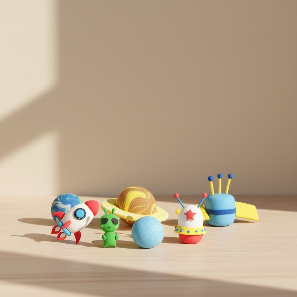 Space-themed clay figures made with an OLIHUG air-dry clay kit, including a rocket, planets, astronaut characters, and playful alien designs displayed on a natural wooden surface. This Montessori-inspired DIY clay set encourages creativity, storytelling, fine motor development, and screen-free learning for children and adults. Perfect for educational play, mindful hobbies, and unique gift ideas.