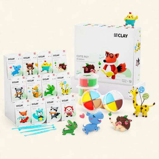 Cute OLIHUG Pet Air Dry Clay Kit with 12 adorable animal figurines including fox, panda, giraffe, and bunny. A Montessori-inspired creative kit for kids and adults to explore hands-on crafting, screen-free fun, and imagination. Perfect as a thoughtful gift for birthdays, holidays, or family bonding — bringing calm, joy, and creativity to every home.