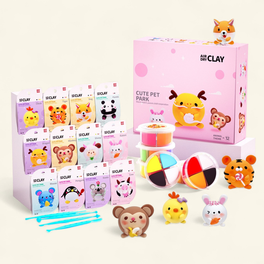 Cute Pet Park Air Dry Clay Kit featuring 12 adorable animal figurines including bunny, chick, panda, and tiger. This Montessori-inspired creative set invites kids and families to craft, play, and bond screen-free. Each figure is designed to spark imagination and joy while building focus and fine motor skills — the perfect heartfelt gift that brings peace, creativity, and happy memories to every home.