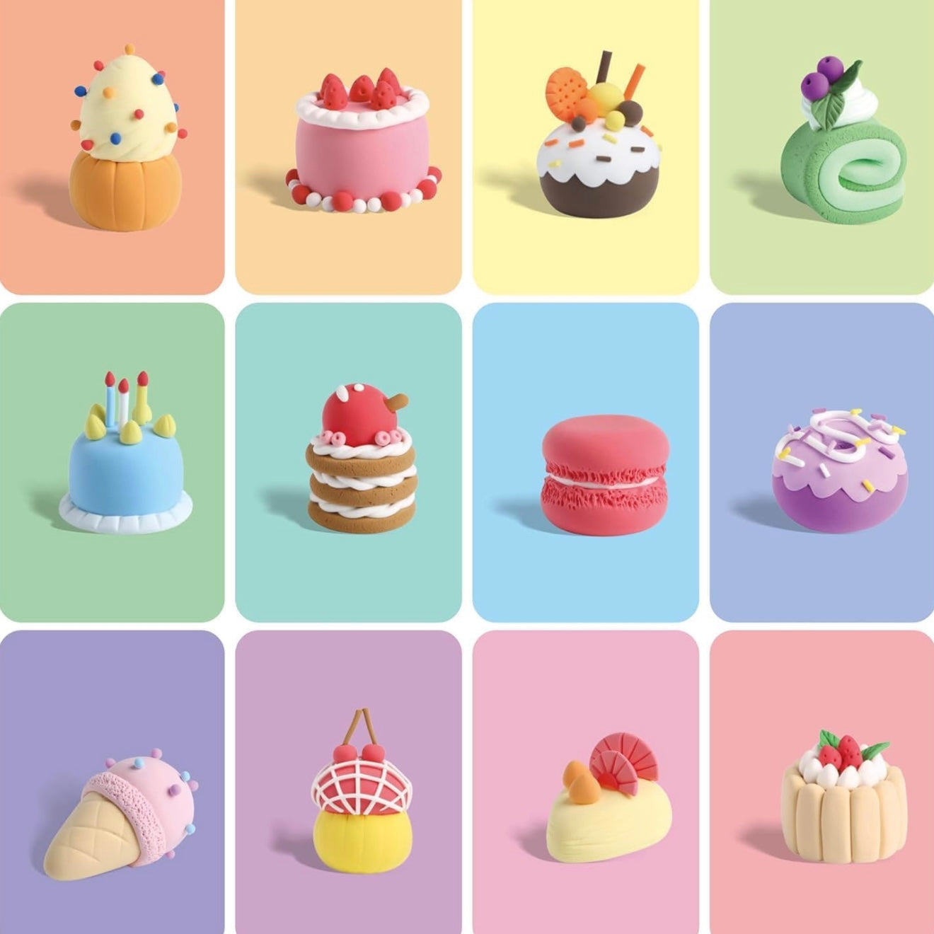 Cute dessert-themed clay creations from OLIHUG Dessert House kit inspired by Loufor, featuring cupcakes, cakes, and sweets designs. DIY air dry clay crafts for kids that encourage imagination, creativity, and hands-on learning, perfect for decorating, collecting, or gifting as handmade keepsakes.