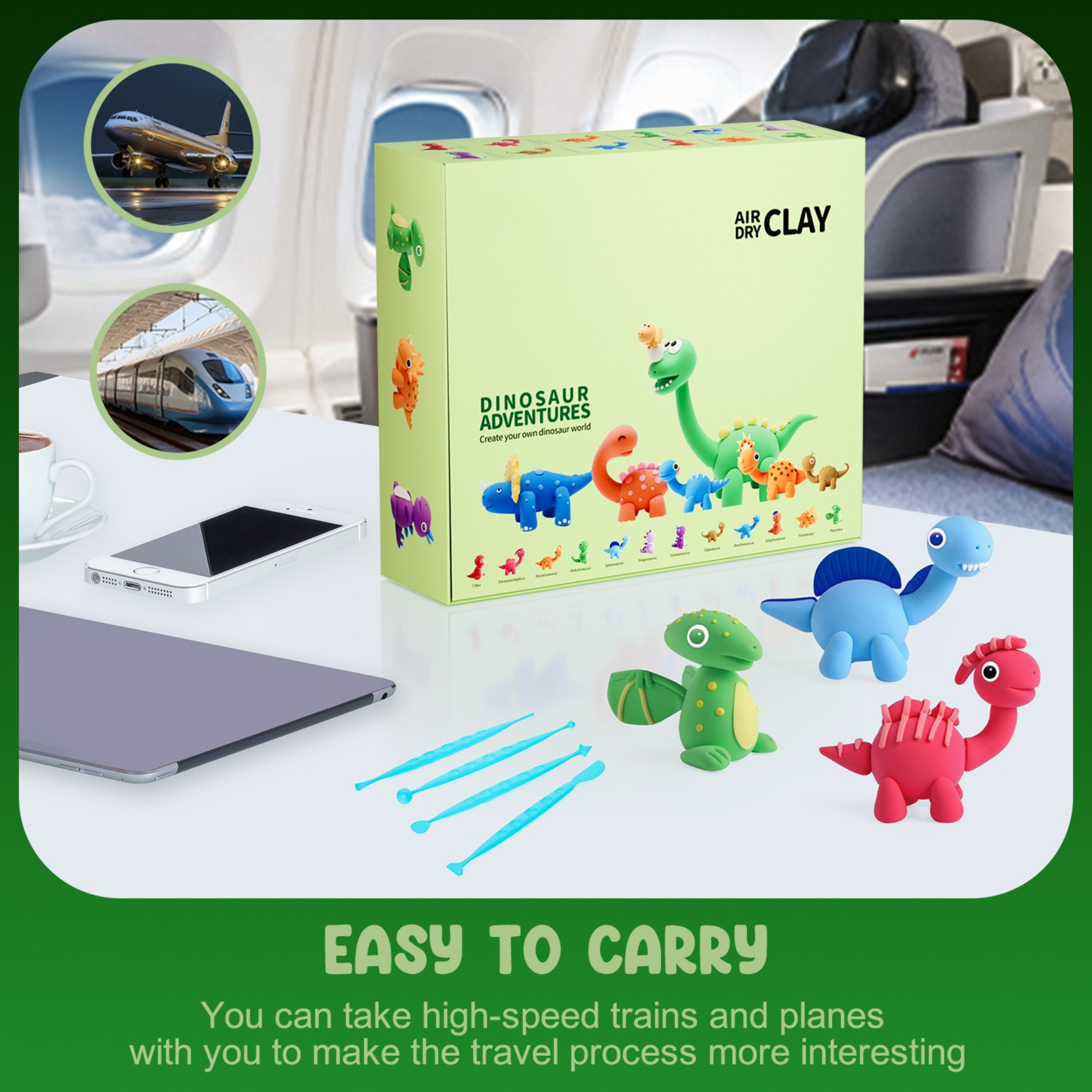 Portable clay kit for kids featuring lightweight packaging, ideal for travel, gifting, or classroom use. Includes step-by-step dinosaur crafting guides and eco-friendly materials.