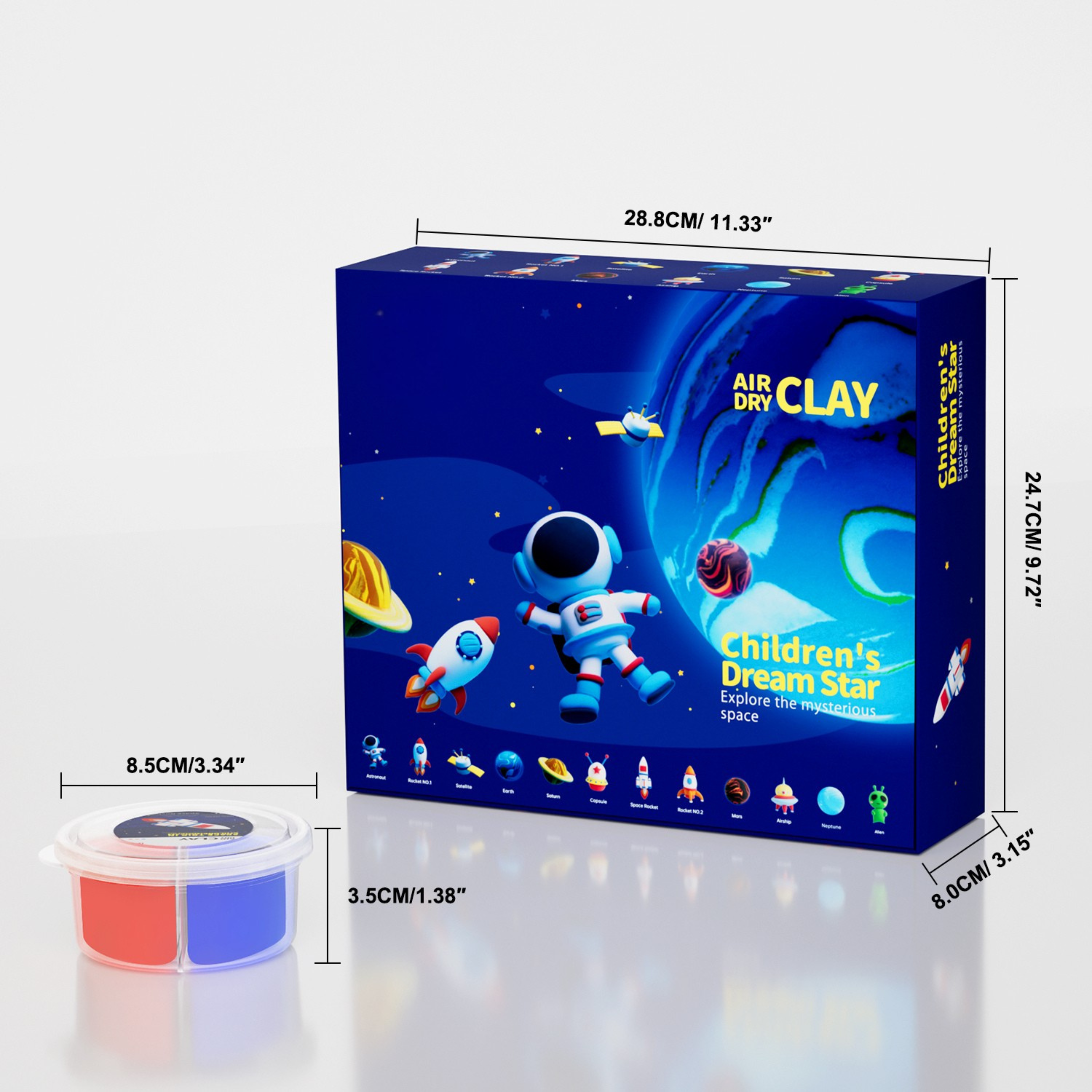Olihug space clay kit packaging featuring everything inside: soft clay, sculpting tools, and educational materials. Ideal for creative hands-on learning and gifting to kids or families.
