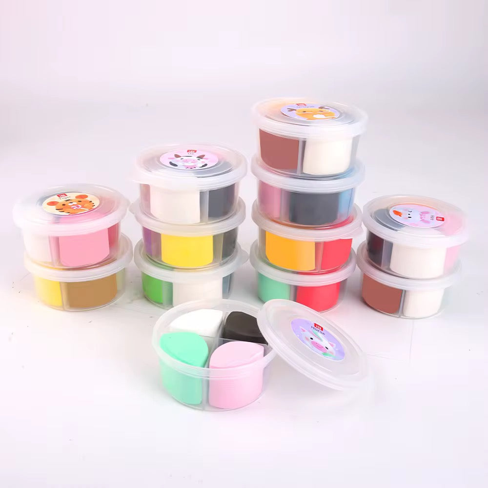 Twelve vibrant air dry clay tubs in stackable containers. Lightweight and non-toxic, perfect for repeated child use, early art learning, and DIY animal modeling.