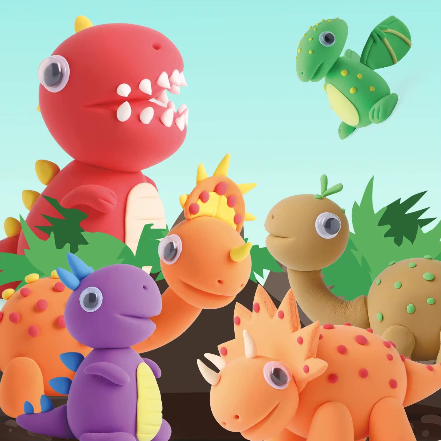 dinosaur clay figure beside air-dry clay tub and branded packaging. Safe and educational creative gift for toddlers and kids aged 3+.