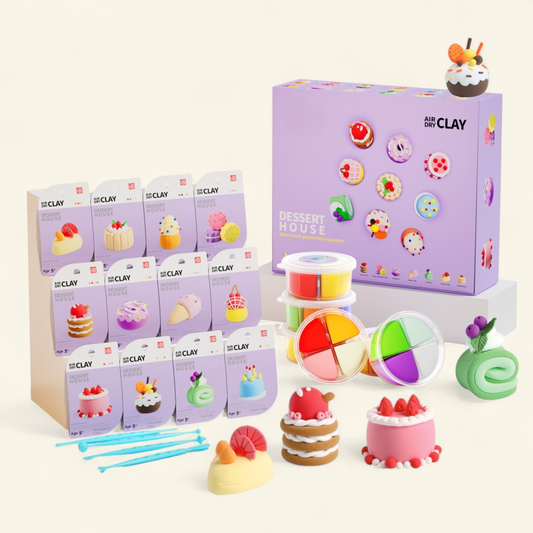 Dessert House Air Dry Clay Kit featuring 12 adorable dessert-inspired figurines like cakes, ice cream, and donuts. This Montessori-style creative craft set invites kids and adults to enjoy screen-free play, mindfulness, and artistic joy. Perfect as a gift for birthdays, holidays, or family bonding — sparking imagination, confidence, and the sweet satisfaction of creating something beautiful together.