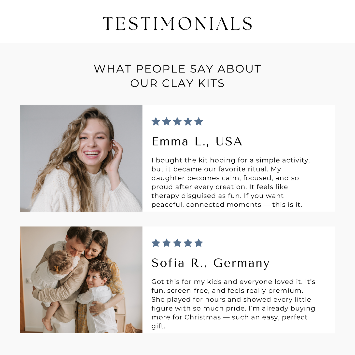Customer testimonials from parents and families using the Montessori air dry clay subscription box. Real experiences showing creative play, screen-free family time and relaxing clay activities for children and adults.
