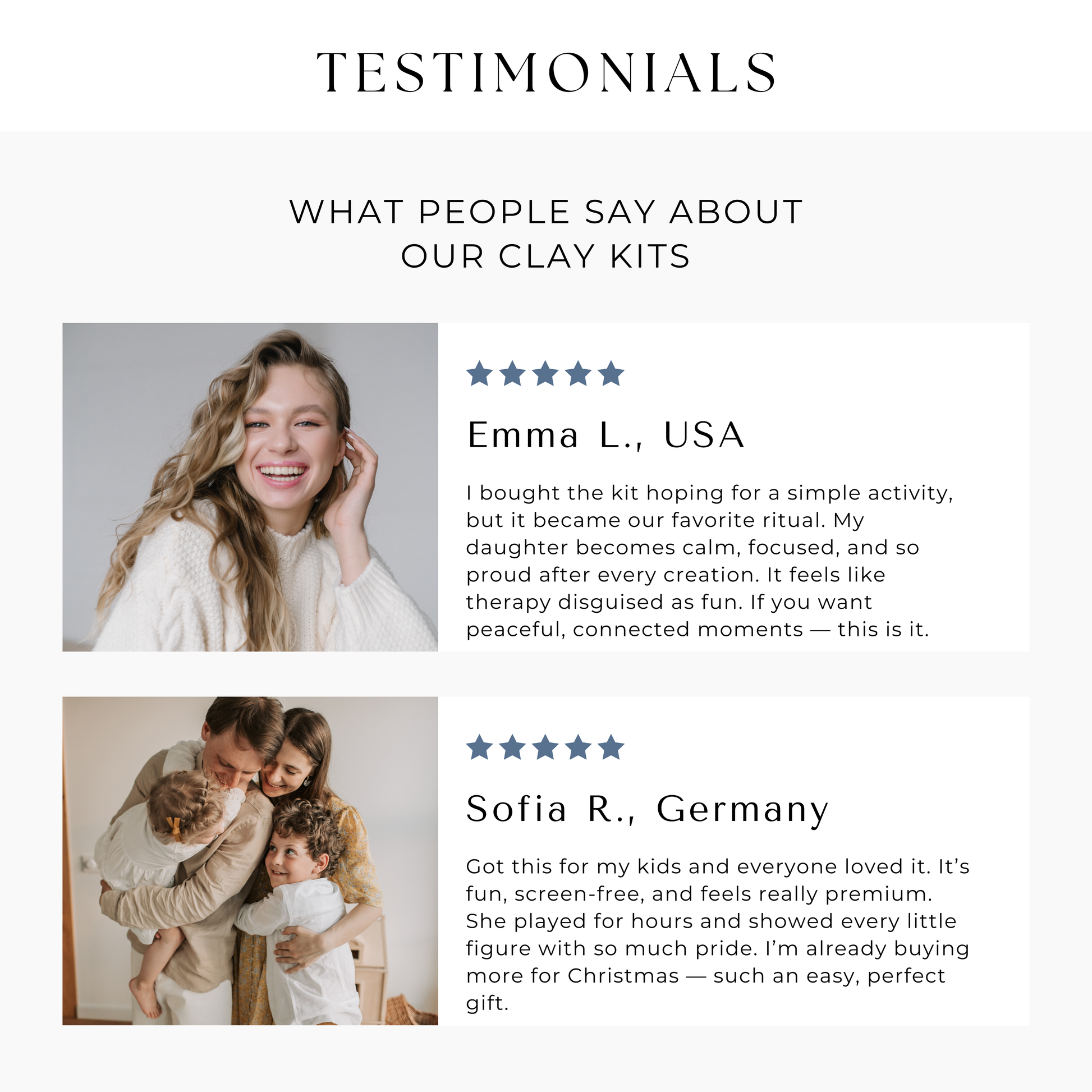 Customer testimonials from parents and families using the Montessori air dry clay subscription box. Real experiences showing creative play, screen-free family time and relaxing clay activities for children and adults.
