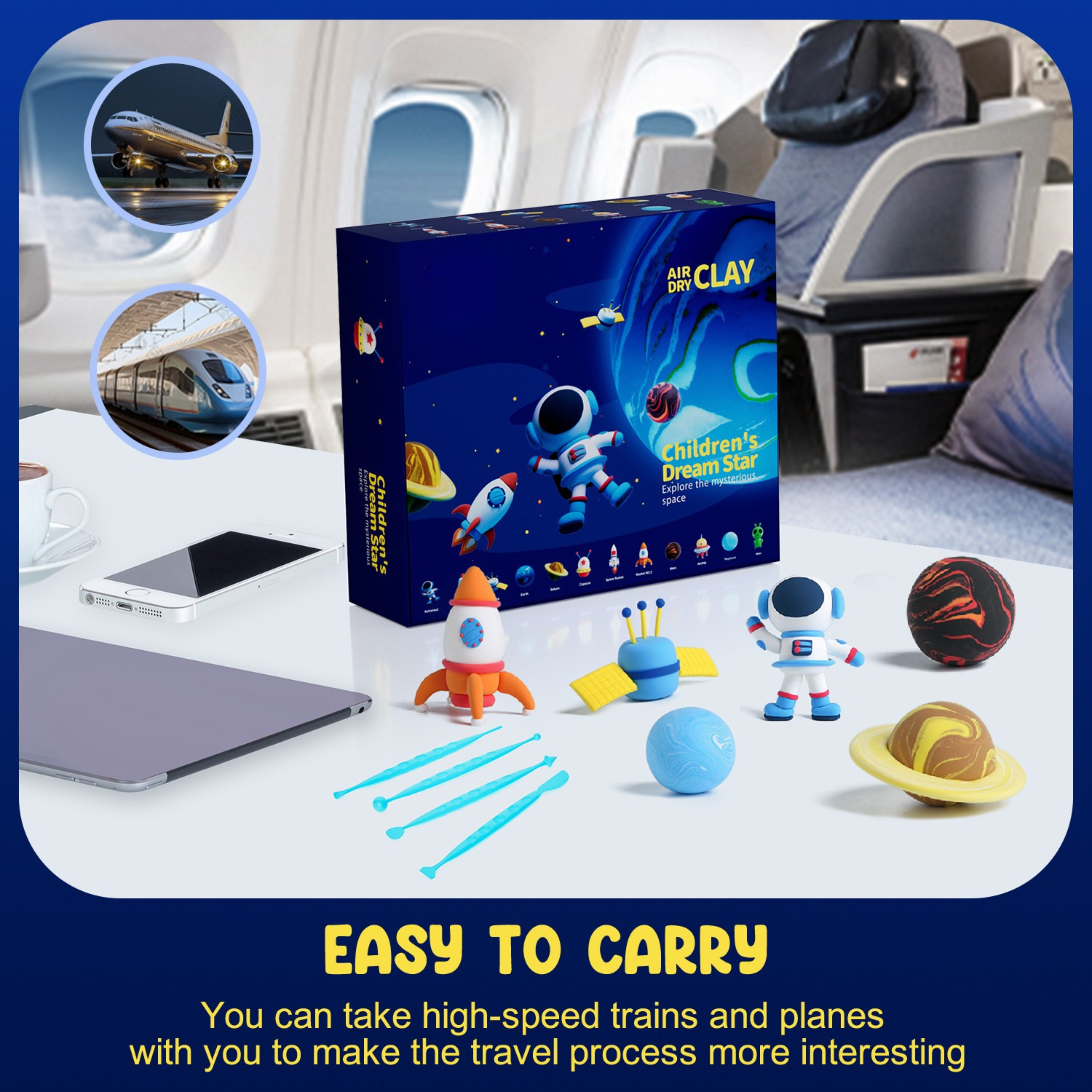 Unboxed view of the complete Olihug clay space kit: illustrated instructions, air-dry clay pots, and all sculpting tools. Designed for ages 3+ and perfect for family crafting time.