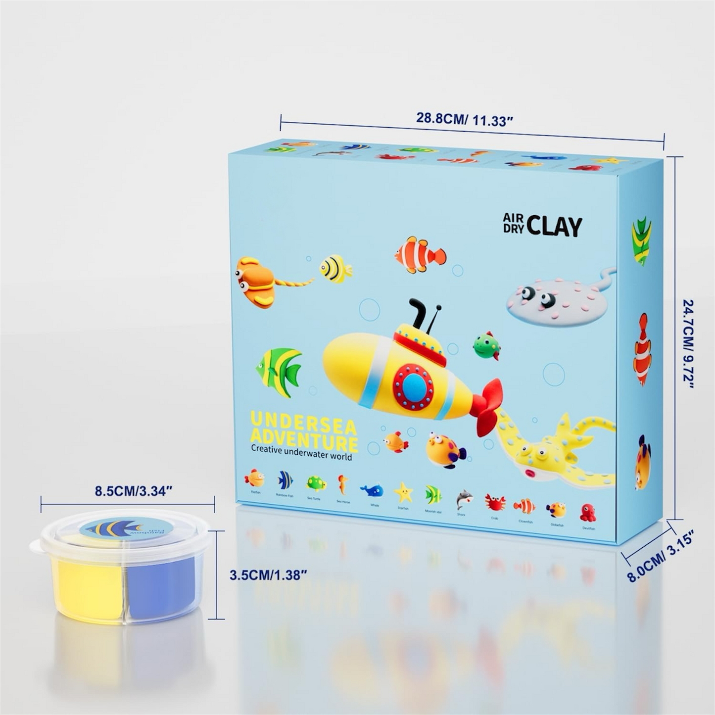 Air dry clay kit packaging box with colorful ocean design and clay containers, premium creative play set for kids and adults, screen free educational activity for home and classrooms, OLIHUG sea theme clay kit made with Loufor air dry clay, perfect gift for creative kids, families and Montessori inspired learning environments
