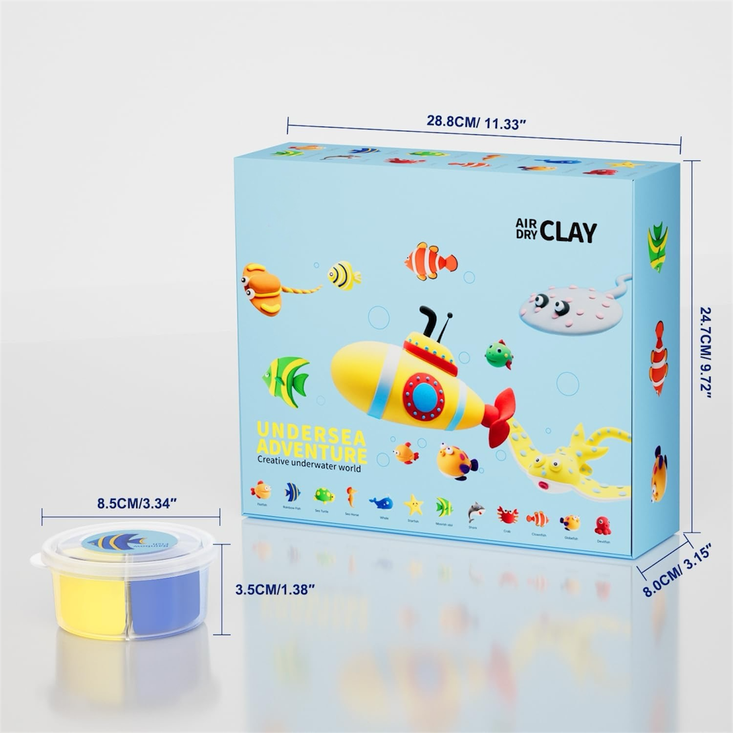 Air dry clay kit packaging box with colorful ocean design and clay containers, premium creative play set for kids and adults, screen free educational activity for home and classrooms, OLIHUG sea theme clay kit made with Loufor air dry clay, perfect gift for creative kids, families and Montessori inspired learning environments
