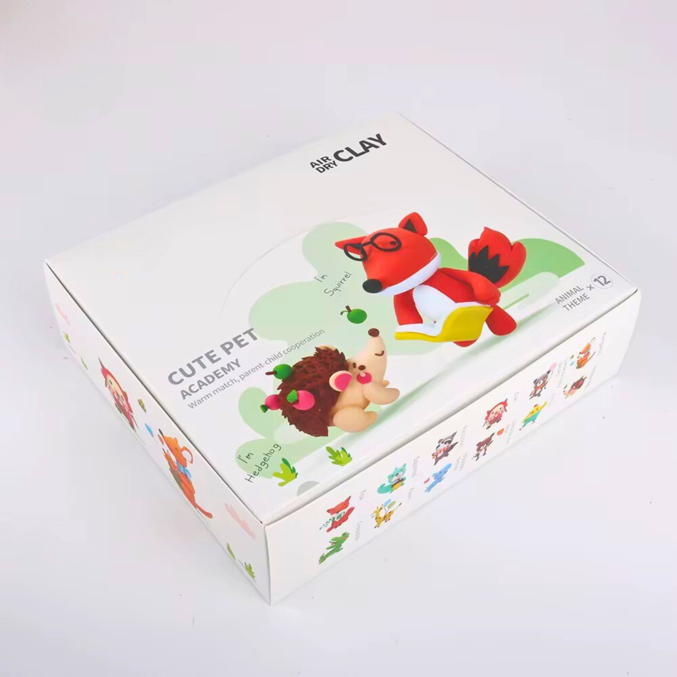 Close-up of the Pet Academy clay box design featuring fun cartoon animals and pastel colors. Attractively packed for gifting. Encourages hands-on creativity and independent learning for kids aged 3 and up.