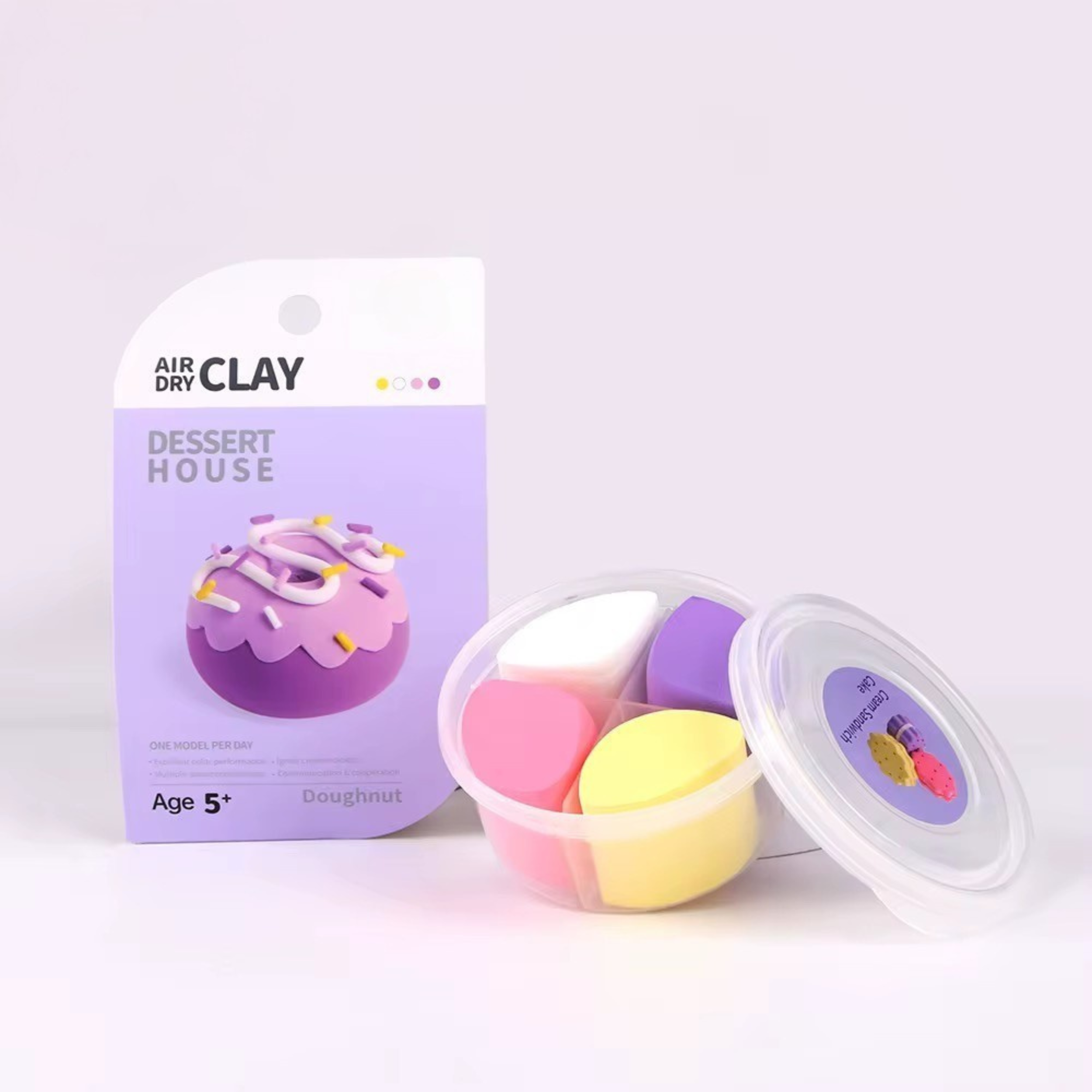 All-inclusive clay kit for creative play, showing rainbow clay tubs and dessert shapes. CE-certified, beginner-friendly DIY craft for toddlers, children, and adults. Encourages screen-free bonding time and Montessori development.
