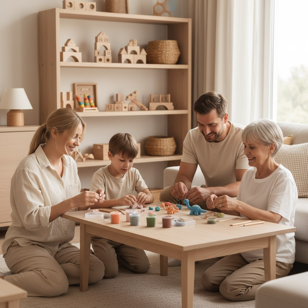 Family enjoying a creative bonding activity with an OLIHUG air-dry clay kit, sculpting colorful clay figures together in a calm, minimalist living room. Montessori-inspired and screen-free, this DIY clay activity encourages creativity, fine motor development, mindfulness, and quality family time across generations. Perfect for parents, grandparents, children, and meaningful gift experiences at home.