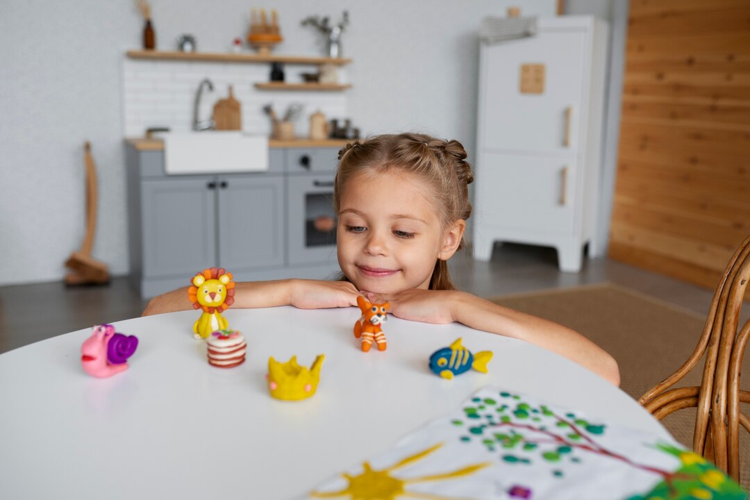 Smiling young girl sitting at a table, playing with colorful animal-shaped clay figures in a cozy home environment. A joyful example of creative, screen-free activity that supports focus, imagination, and child development.