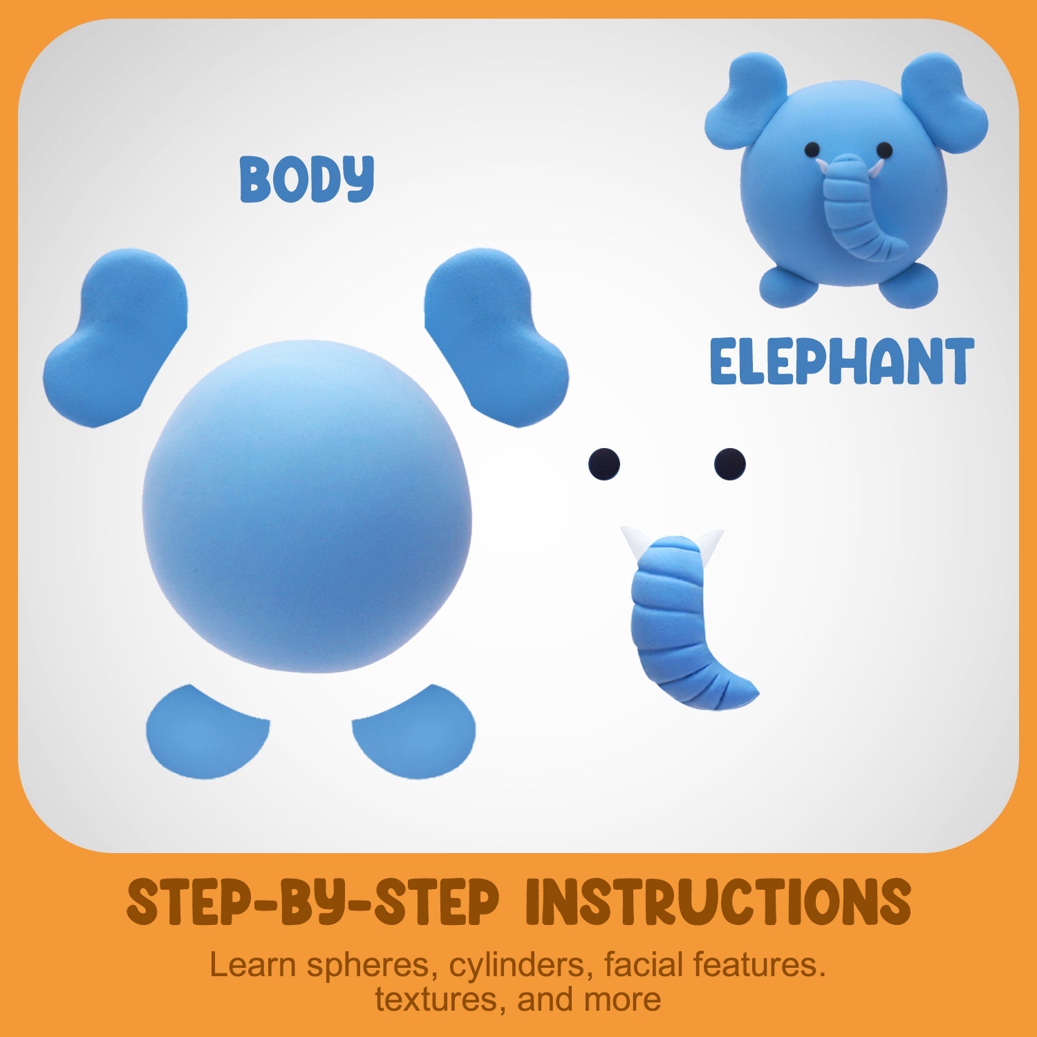 Instructional breakdown of how to sculpt the blue elephant from the OLIHUG air dry clay Pet Paradise kit — features step-by-step visuals for kids and beginners to follow independently.