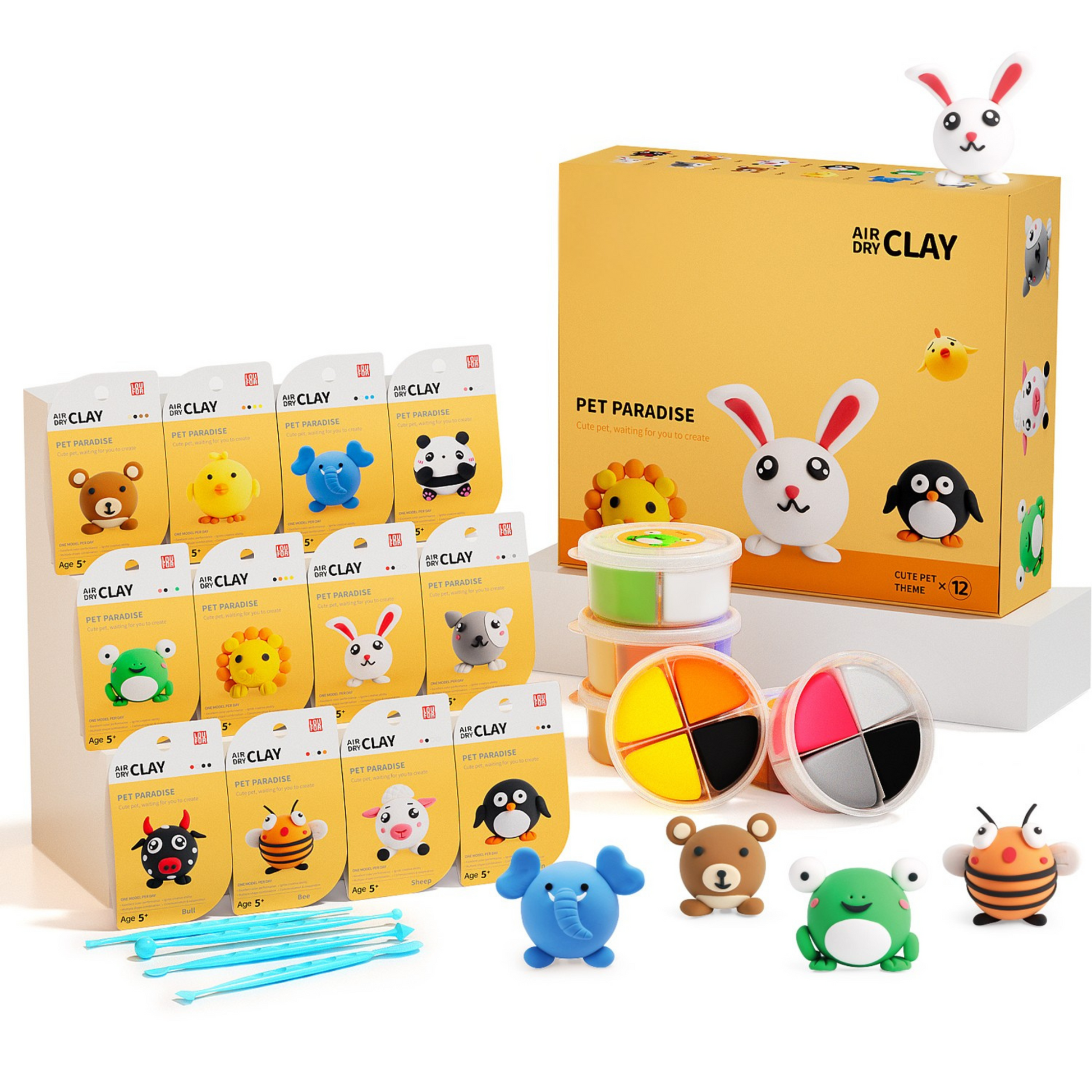 Pet Paradise Air Dry Clay Kit featuring 12 adorable animal figurines like bunny, panda, frog, bear, and bee. This Montessori-inspired creative kit encourages hands-on learning, imagination, and screen-free play for kids and families. Perfect as a thoughtful gift that sparks joy, creativity, and togetherness — transforming simple clay into a world of cute and happy animal friends. Waldorf craft kit.