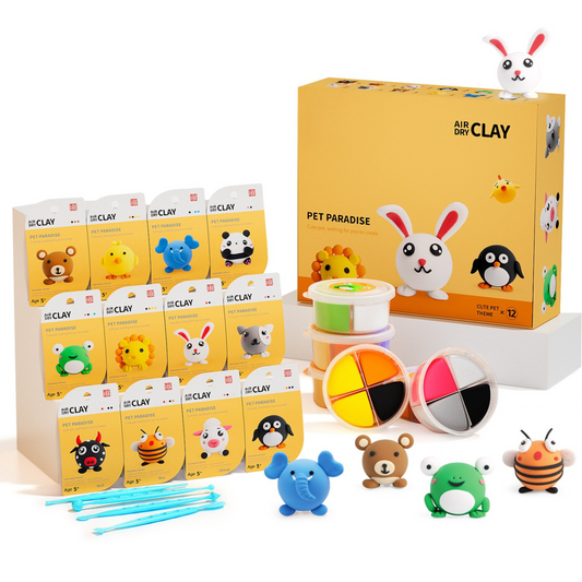 Pet Paradise Air Dry Clay Kit featuring 12 adorable animal figurines like bunny, panda, frog, bear, and bee. This Montessori-inspired creative kit encourages hands-on learning, imagination, and screen-free play for kids and families. Perfect as a thoughtful gift that sparks joy, creativity, and togetherness — transforming simple clay into a world of cute and happy animal friends. Waldorf craft kit.