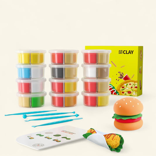 Little Gourmet Air Dry Clay Kit featuring colorful food-themed creations like burgers, tacos, and pizza. This Montessori-inspired DIY craft set helps kids and adults express creativity through hands-on, screen-free play. Includes 12 tubs of soft air dry clay and sculpting tools — the perfect educational and mindful gift for birthdays, holidays, or family bonding moments full of imagination and joy.