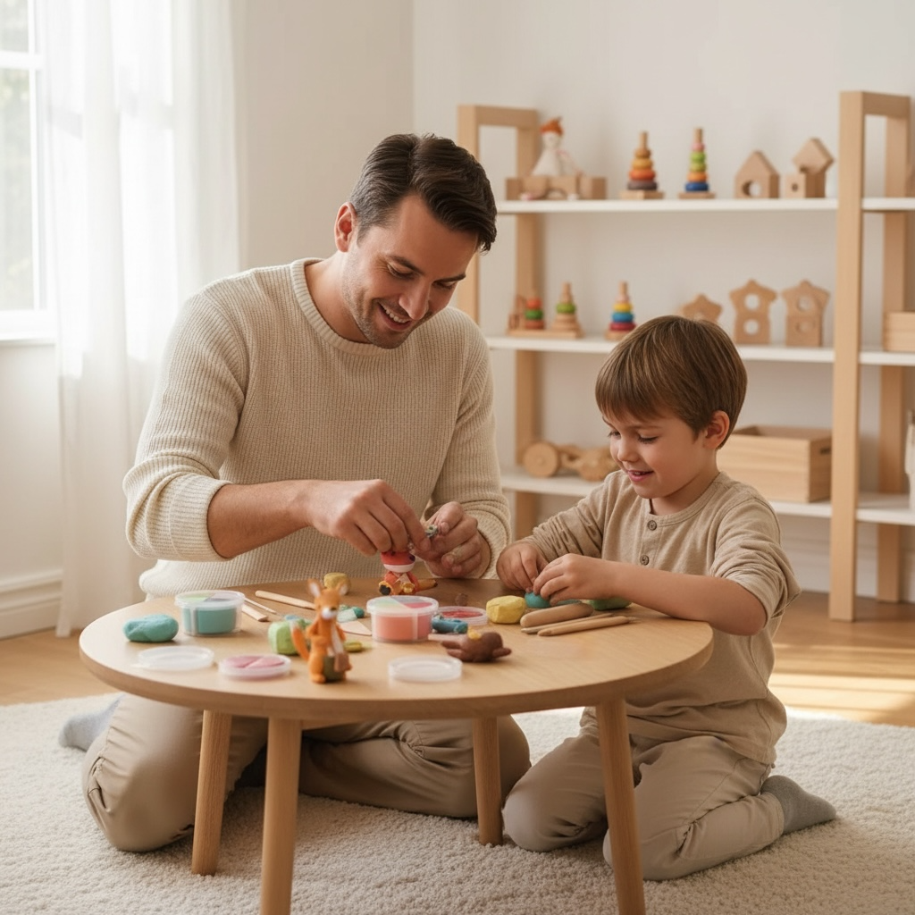 Father and young child enjoying creative play with air dry clay at a small wooden table in a cozy Scandinavian style home. Montessori inspired screen free activity that supports bonding, creativity, fine motor skill development and calm mindful family time. Natural materials, soft colors and hands on learning through play.