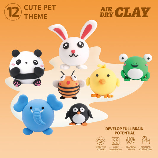 Marketing banner showing panda, penguin, elephant, frog, and rabbit clay characters from the OLIHUG Pet Paradise clay set — mess-free and dries in 24 hours naturally.