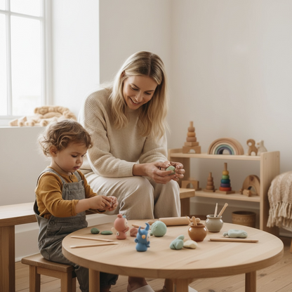 Mother and toddler enjoying creative play with air dry clay at a small wooden table in a cozy Scandinavian style home. Montessori inspired screen free activity that encourages bonding, creativity, fine motor skill development and calm mindful family time indoors.