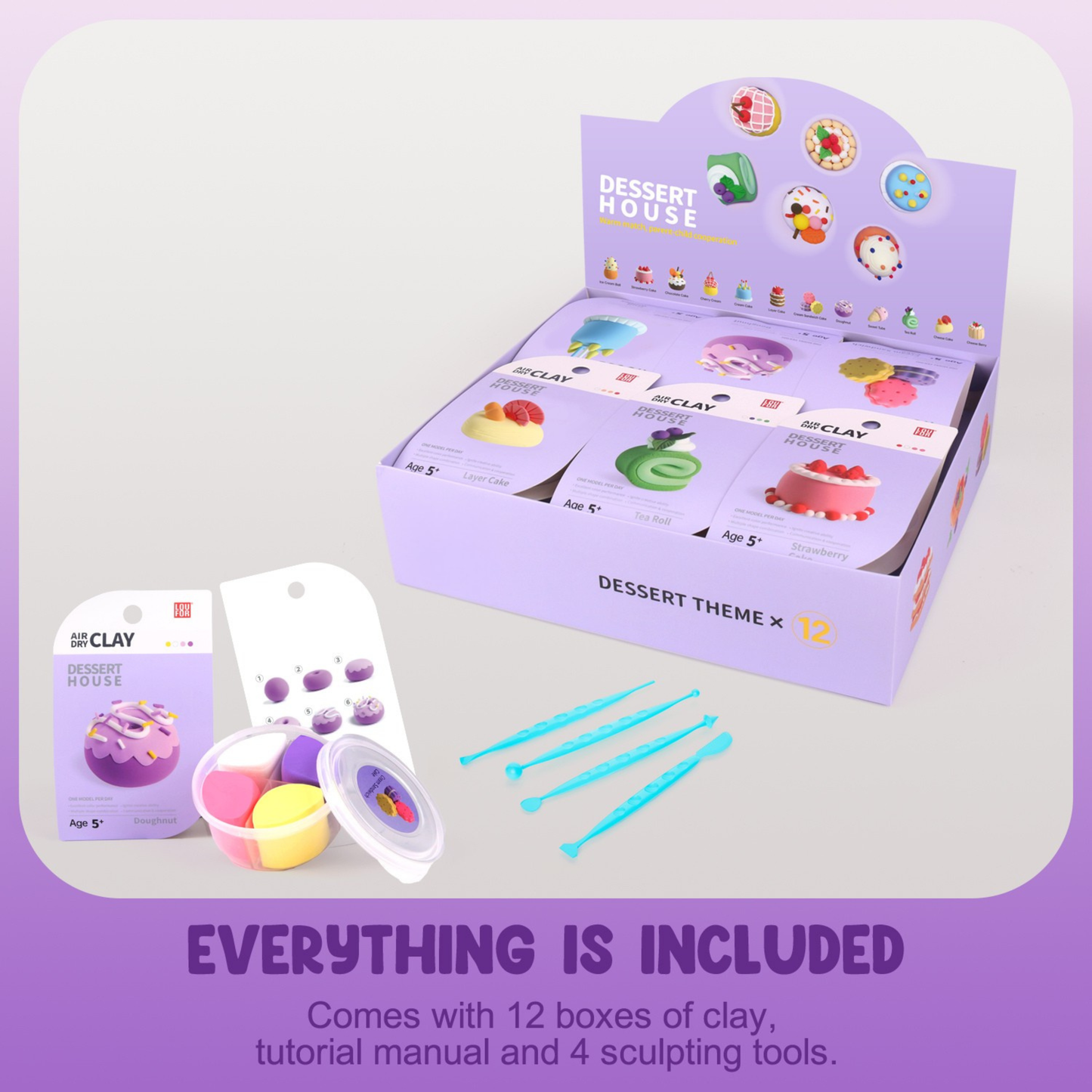 OLIHUG Dessert House Air Dry Clay Kit – full set including 12 themed clay boxes, tutorial guide, and 4 sculpting tools for kids and adults. The pastel purple packaging showcases colorful dessert designs like cakes, donuts, and rolls. Perfect for creative play, family bonding, and Montessori-inspired learning. Ideal mindful activity to shape, design, and decorate sweet creations at home.