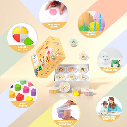 OLIHUG clay kit contents with multiple colors of air dry clay, sculpting tools, and tutorial cards for kids. Beginner-friendly DIY craft set designed to create animal figures while improving fine motor skills, hand-eye coordination, and creative thinking through fun, hands-on play.