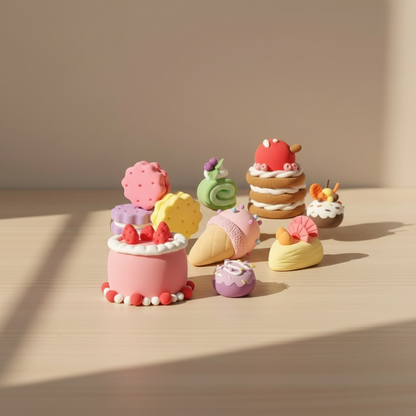 Colorful handmade dessert figures made from OLIHUG air-dry clay kit, including cakes, ice cream, cookies, and pastries displayed on a natural wooden surface. This creative DIY clay set is designed for kids and adults, encouraging imagination, fine motor development, and screen-free play. Perfect as a unique gift, mindful hobby, or Montessori-inspired creative activity for home, classrooms, and family time.