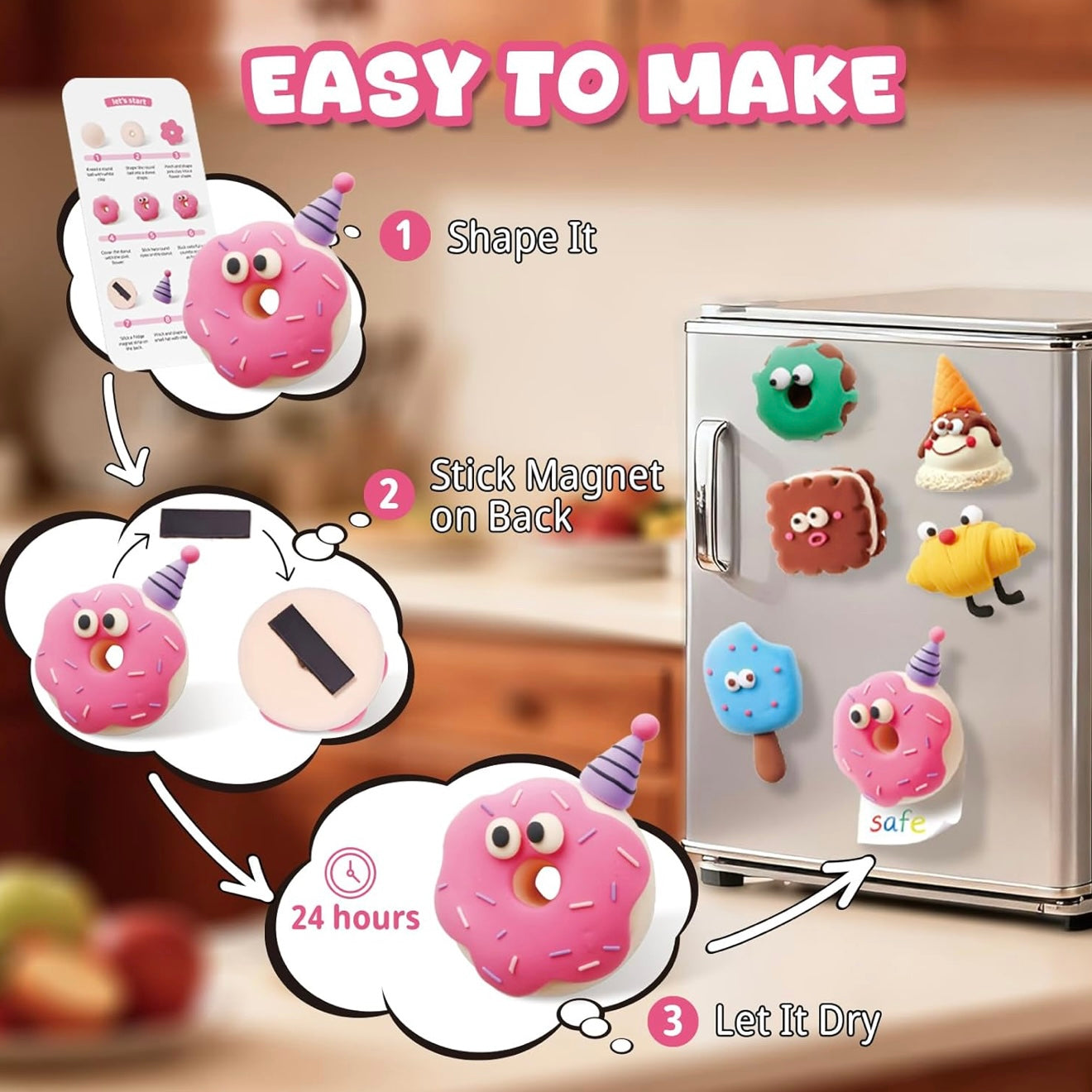 Easy-to-make fridge magnets tutorial result using kids air dry clay kit, showing completed designs attached to a fridge surface. Lightweight, durable, and long-lasting DIY crafts that stay in place. Perfect creative kit for kids, family activities, and unique handmade gift ideas for birthdays or holidays.